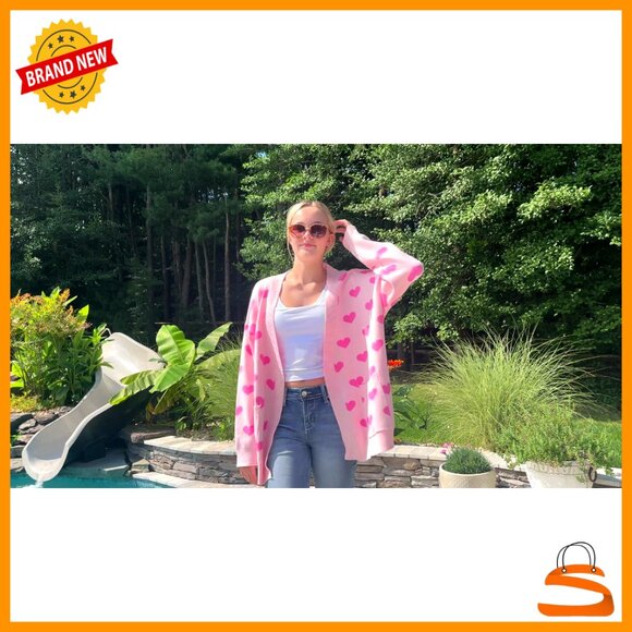 Heart Print Cardigan Open Front Knit Sweater with Pockets Valentine's Day Chic - Picture 7 of 7